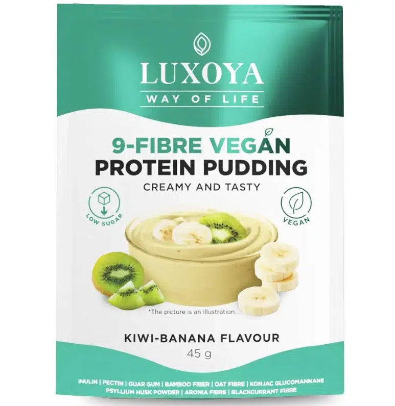 Luxoya 9-fibre vegán protein pudding kivi-banán ízű rost alapú por növényi fehérjékkel 45g
