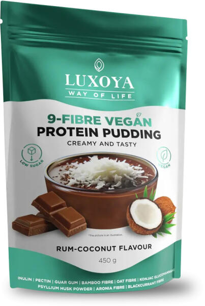 Luxoya 9-fibre vegán protein pudding rumos-kókusz ízű rost alapú por növényi fehérjékkel 45g