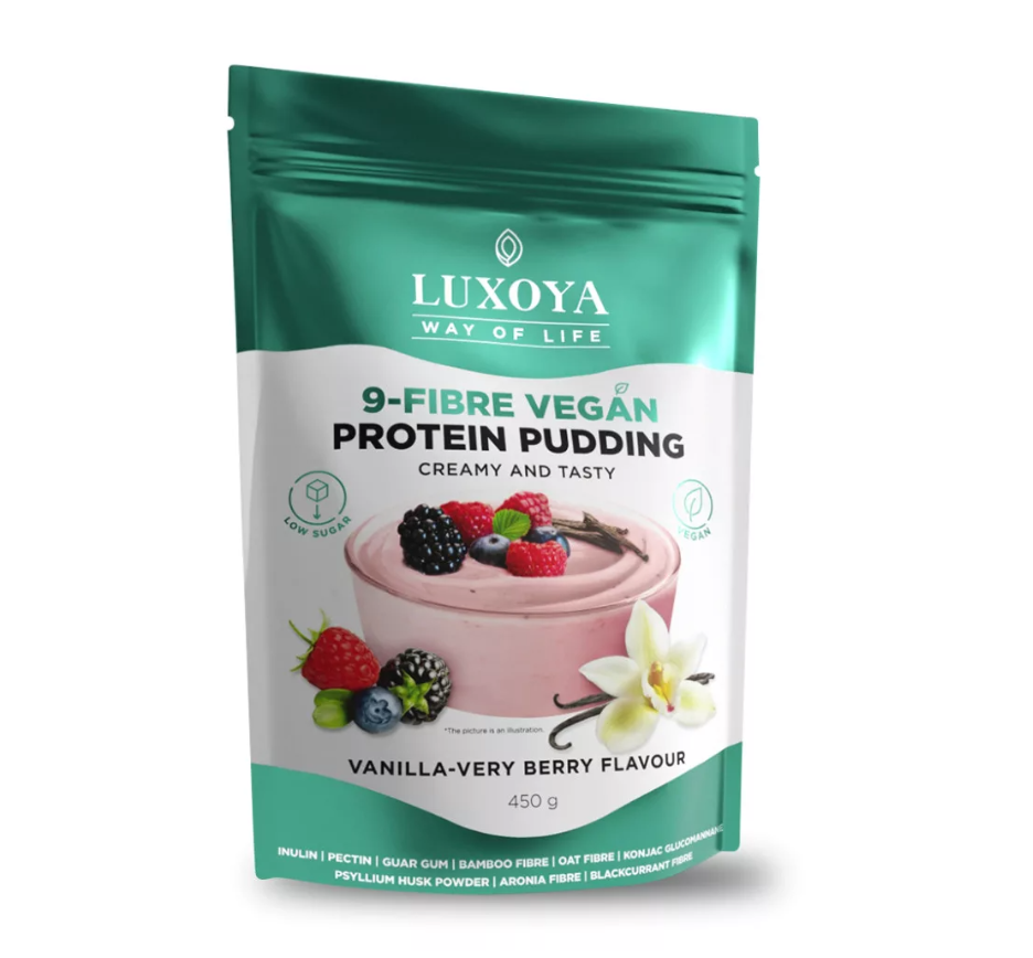 Luxoya 9-fibre vegán protein pudding vanília-erdei gyüm. ízű rost alapú por növényi fehérjékkel 45g